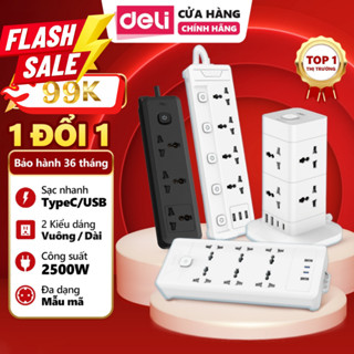 Ổ Cắm Điện Đa Năng DELI Nhiều Lỗ Cắm 2500W - 3250W Tích Hợp USB&Sạc NhanhPD20W An Toàn Có Cầu Chì