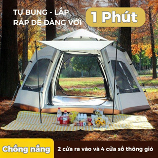 Lều Cắm Trại Nhóm, Lều Tự Bung Lục Giác 6 Cửa 2 Cửa Chính 4 Cửa Sổ 6-8 Người Chống UV Mưa, Côn Trùng