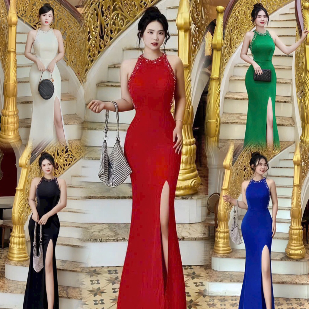 Đầm dạ hội / dự tiệc thiết kế body cổ yếm đính đá