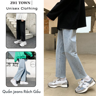 Quần jean baggy xanh bạc rách Gấu cá tính nam, nữ ống đứng, dáng suông, không phai, màu A02