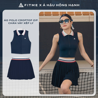 Bộ đồ Pickleball, cầu lông, tennis nữ Fitme ES áo croptop tôn dáng, chân váy xếp ly Navy Trắng năng động có quần bảo hộ
