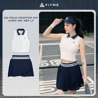 Bộ đồ Pickleball, cầu lông, tennis nữ Fitme ES áo croptop Trắng Navy tôn dáng, chân váy 3 lớp Balzer Navy năng động