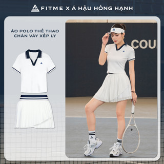 Bộ đồ Pickleball, cầu lông, tennis nữ Fitme ES áo polo tôn dáng, chân váy 3 lớp Trắng Navy năng động có quần bảo hộ