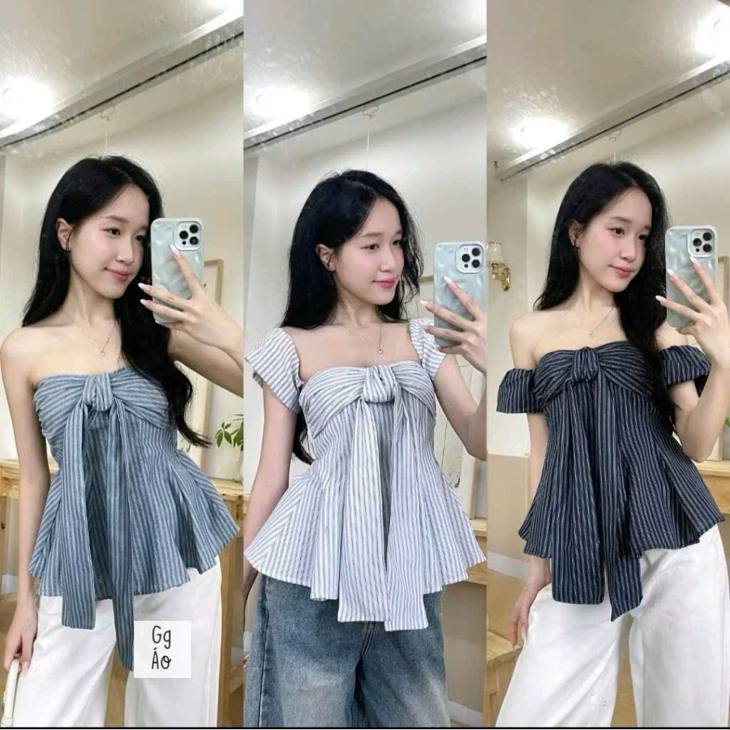 [Chỉ Áo] Áo Kiểu Pelum Trễ Vai Tay Phồng Thắt Nơ Hoạ Tiết Sọc Vintage | BigBuy360 - bigbuy360.vn