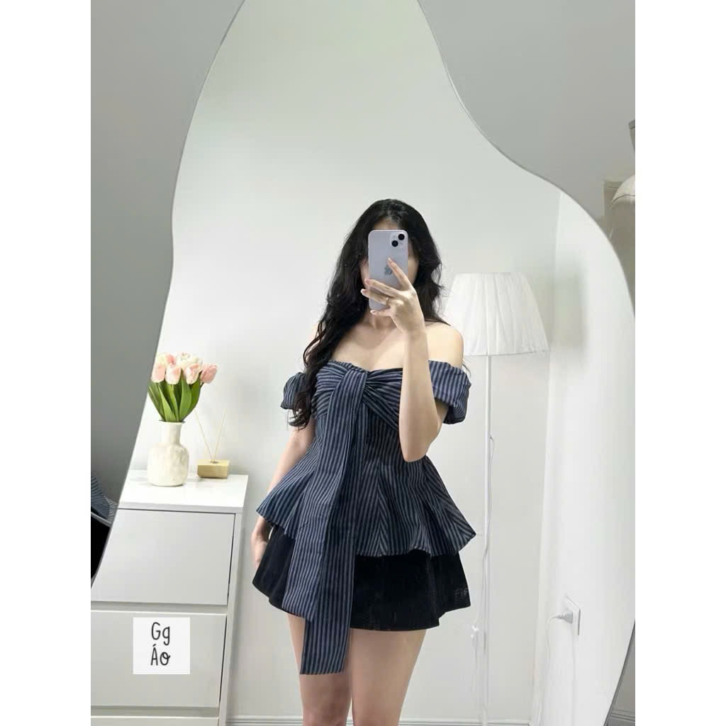 [Chỉ Áo] Áo Kiểu Pelum Trễ Vai Tay Phồng Thắt Nơ Hoạ Tiết Sọc Vintage | BigBuy360 - bigbuy360.vn