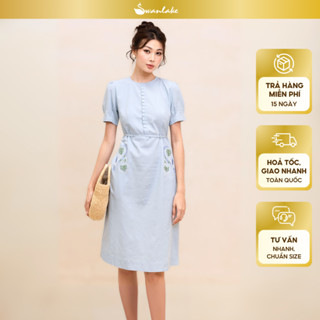 SWANLAKE | Váy Đầm Nữ Suông Thắt Eo Rời Vải Linen Thêu Hoa Tay Phồng Cổ Tròn Có Túi Công Sở D12372