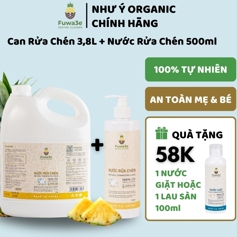 (Fuwa3e)  Combo Nước rửa chén Fuwa3e 3.8L và 500ml An Toàn Enzyme Dứa