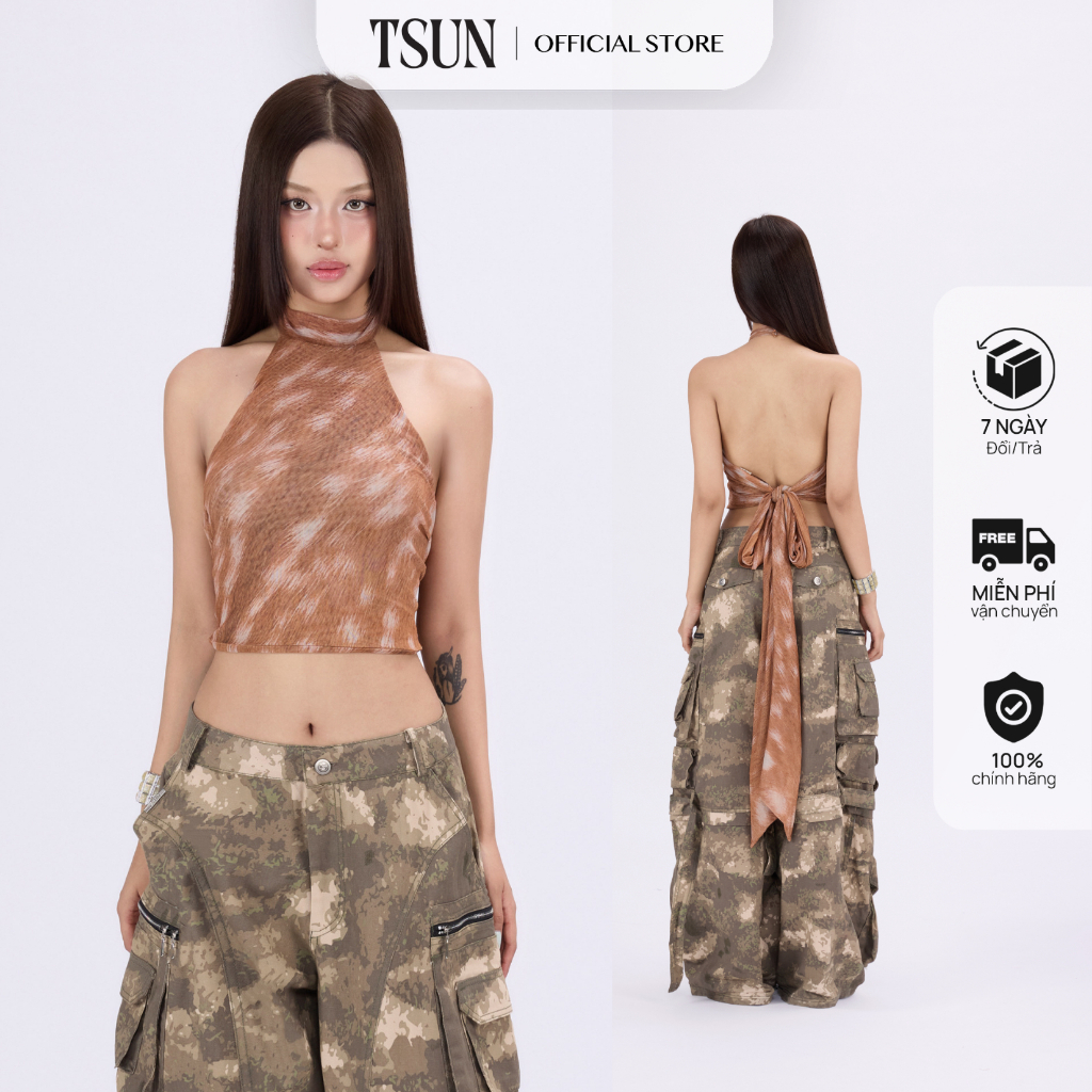 TSUN - Bambi Halter Áo Yếm Croptop Nữ Hở Lưng Họa Tiết Hươu Sao Gợi Cảm Cá Tính | BigBuy360 - bigbuy360.vn