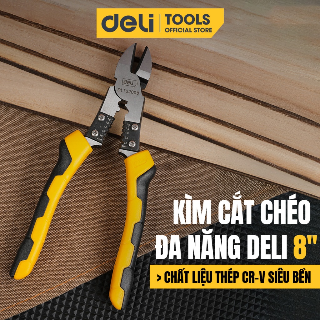 Kìm cắt chéo Deli Tools 8 inch - Kìm đa năng chất liệu thép Cr-V siêu bền cắt tuốt ép dây