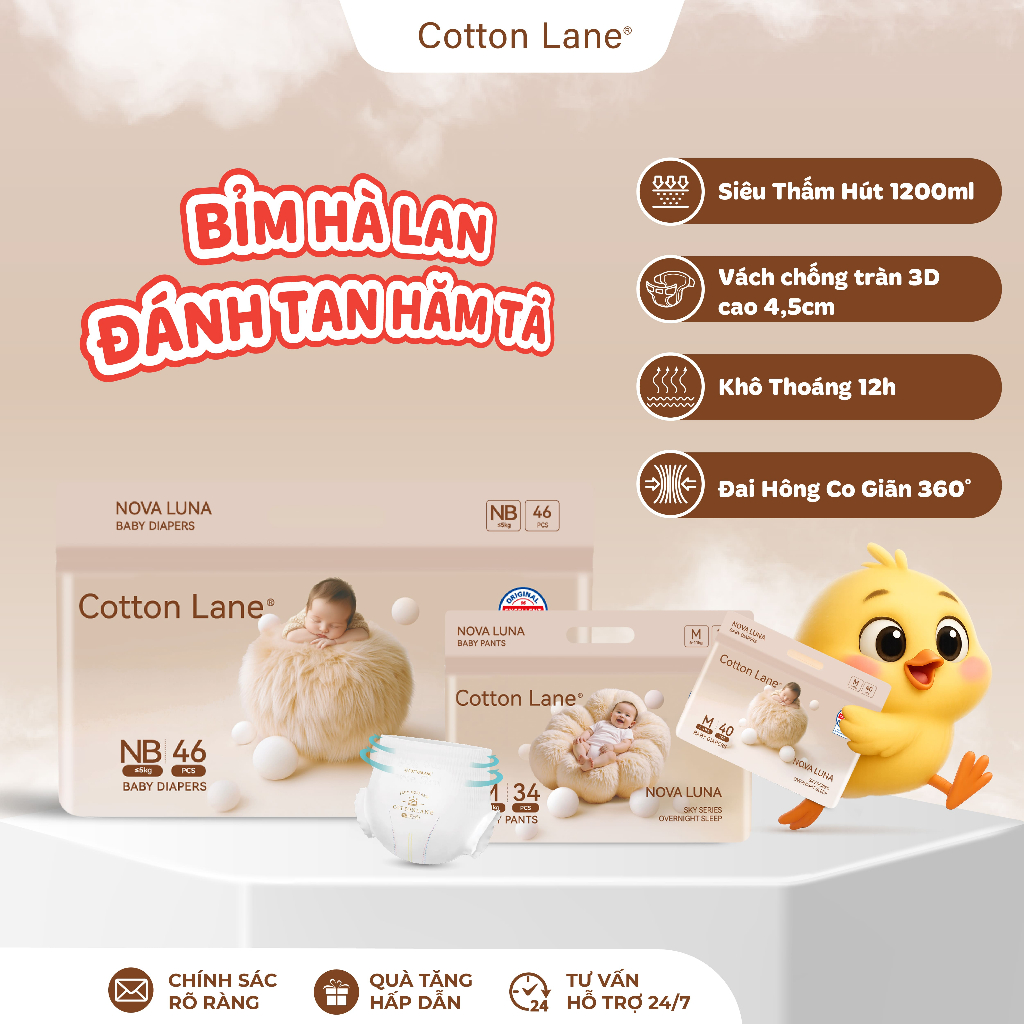 Bỉm Cotton Lane Nova Luna Over Night Hà Lan Cao Cấp Đủ Size Dán Quần