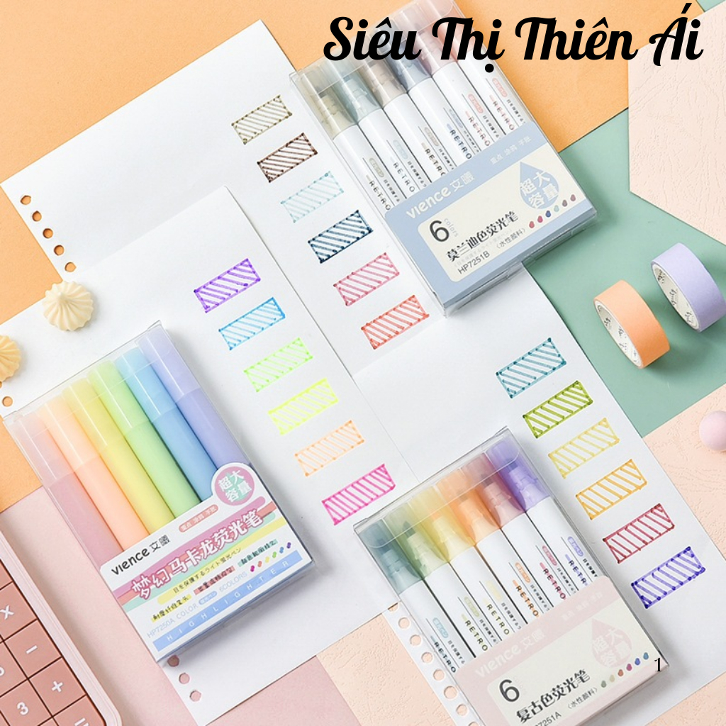Set 6 Bút Highlight Pastel – Dạ Quang Ghi Nhớ Dòng Cute, Bút Highlight Vience Xịn