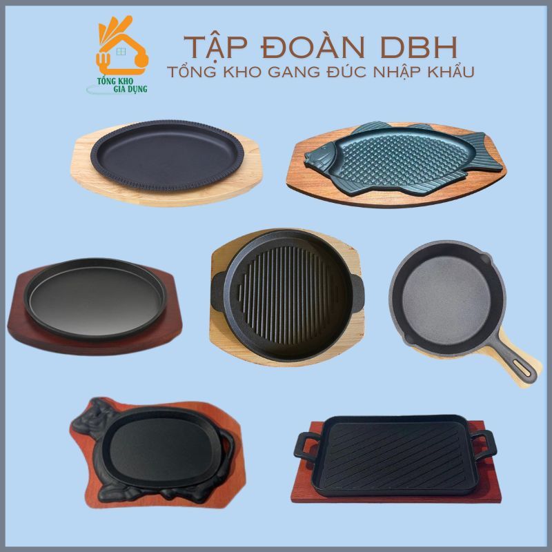 Các Loại Chảo Gang Dùng Được Các Loại Bếp (Cả Bếp Từ) DBH Chảo Chống Dính Kèm Đế Gỗ Làm Bò Né, Bít Tết, Món Nóng...
