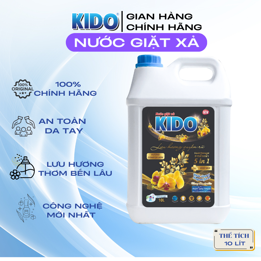 Nước Giặt Xả KIDO Hương Comfor Đen 10L – Nước Giặt Thơm Lâu, Giặt Sạch, Bảo Vệ Màu Vải, Tiết Kiệm