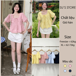 Áo Babydoll Cúc Dọc Cổ Vuông Tay Bồng Xếp Ly Nơ Cổ Susstore A3103 Thời Trang Nữ Bigsize