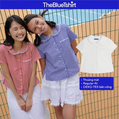 TheBlueTshirt - Áo sơ mi sọc caro cổ sen có viền ren ôm dáng nhẹ nữ tính - Ruby Jane Shirt