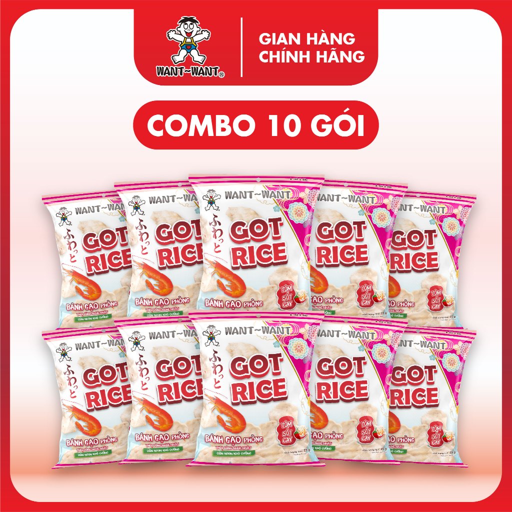 [Date Tháng 05/2026] Combo 10 Gói Bánh Gạo Phồng Got Rice Want Want Vị Tôm Sốt Cay 25g Đậm Đà Hương 