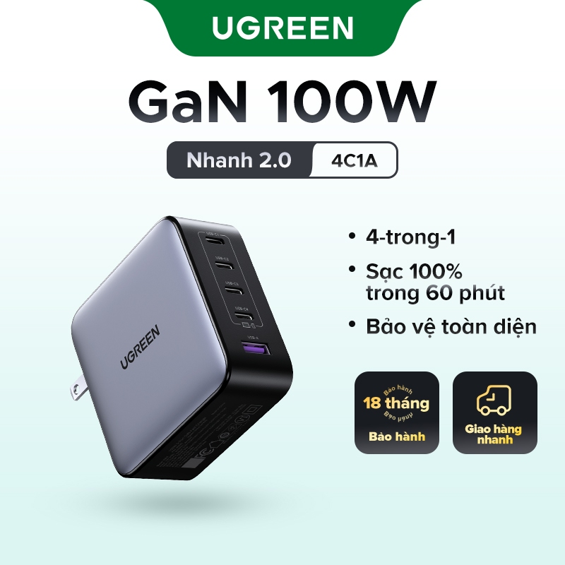 【Nexode 100W】Bộ sạc USB C UGREEN 100W, Bộ sạc tường nhanh gọn 4 cổng GaN