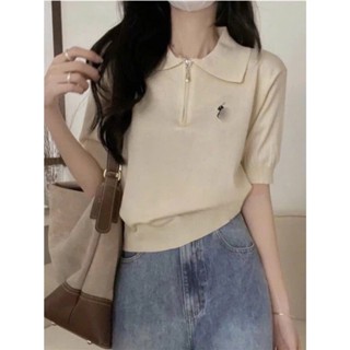 Áo Polo Khóa Kéo Nữ, Áo Len Thun Tay Cộc Bồng Phối Thêu Ngựa Ngực Siêu Xinh Phong Cách Nhẹ Nhàng Hàng Qccc Orangeclose