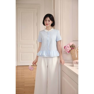 BEAUTEBYV - Áo sơmi nữ cổ tàu phối bèo Cyan, Quần ống rộng trắng basic cạp liền Irina