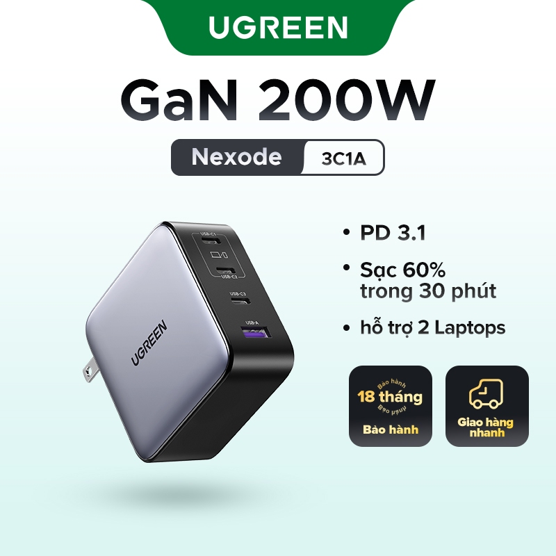Ugreen 200W GaN Sạc 4 Cổng Du Lịch 140W PD3.1 Sạc Nhanh Cho Máy Tính Bảng MacBook Air / Pro Samsung S25 Ultra