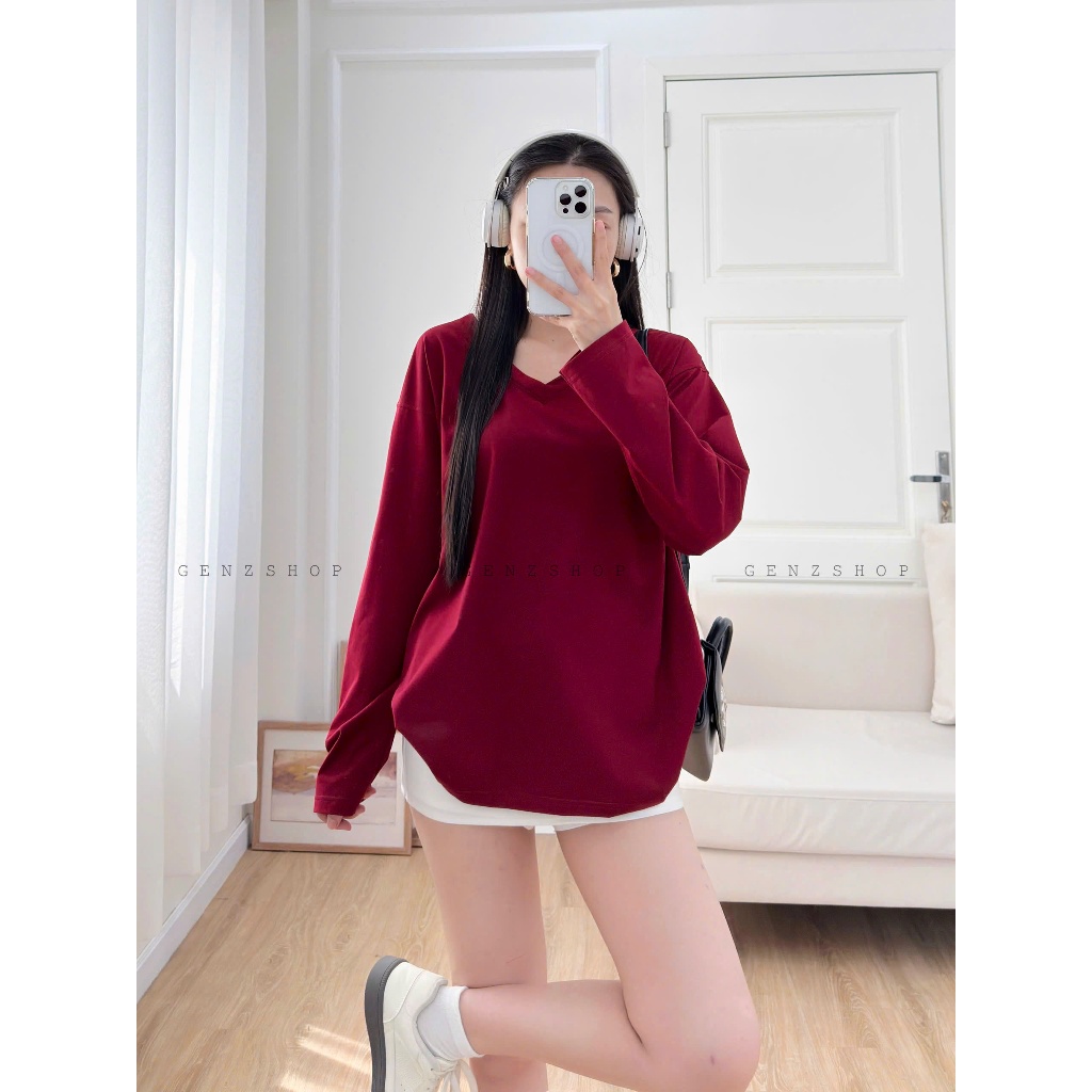 ÁO THUN TAY DÀI CỔ TIM TRƠN FORM RỘNG DỄ PHỐI ĐỒ CHẤT VẢI CO GIÃN ĐẸP OVESIZE<72KG | BigBuy360 - bigbuy360.vn