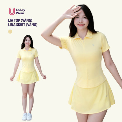 Bộ thể thao nữ áo Lia Top mix chân váy Lina Skirt vàng Today U Wear trẻ trung chơi cầu lông, pickleball,..