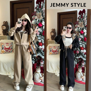  Bộ nỉ nữ set thu đông nữ áo khoác hoodie có mũ họa tiết bbr mix quần ống suông 3 màu basic Jemmy Style HCOM3571 