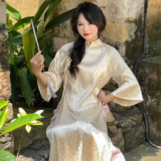  Set áo dài lụa gấm in hoa đính nơ bướm kèm quần lụa cát 24FebStudio AD15 