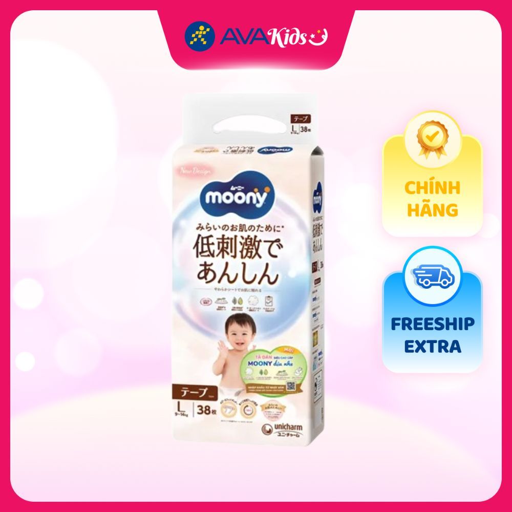 Tã dán Moony Dịu nhẹ size L 38 miếng (9 - 14 kg) - Giao bao bì ngẫu nhiên