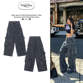 Quần Cargo Jean túi hộp ống rộng unisex nam nữ dài suông streetwear phong cách màu Xám Đen Guz - M24