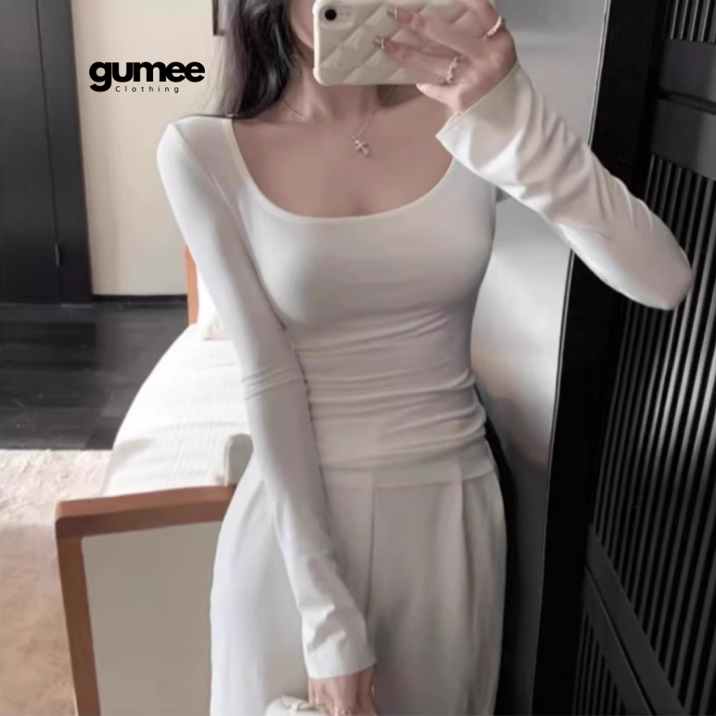 Áo thun tay dài cổ vuông nữ Gumee, áo dài tay ôm body croptop fit dáng cup ngực mặc thu đông - G12 | BigBuy360 - bigbuy360.vn