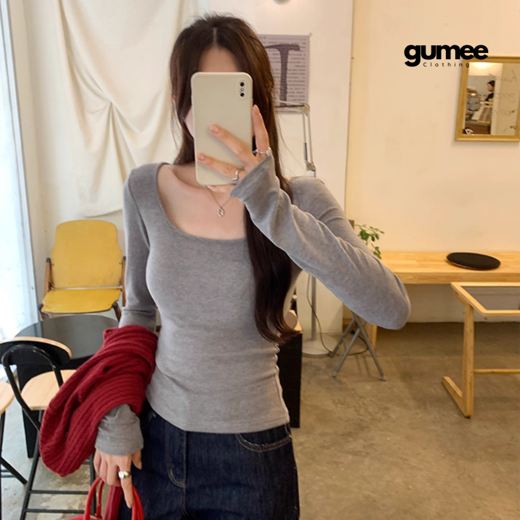 Áo thun tay dài cổ vuông nữ Gumee, áo dài tay ôm body croptop fit dáng cup ngực mặc thu đông - G12 | BigBuy360 - bigbuy360.vn