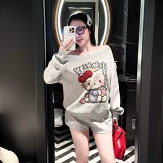 set đồ nữ mùa hè, set đồ nữ sang chảnh,MẪU MỚI NHẤT bộ nỉ 2 da lệch vai in 3d kity kèm quần sóc Ve65