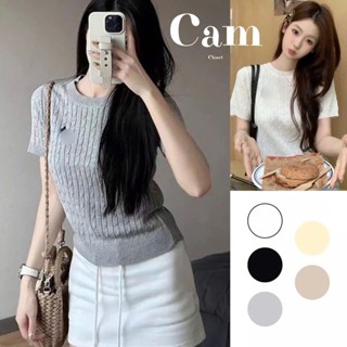 Áo Cộc, Áo Len Kiểu Tay Ngắn Cổ Tròn Vặn Thừng Phối Thêu Ngựa Trước Ngực Siêu Sang Chất Liệu Nhẹ Nhàng Mát Mẻ Cam Closet