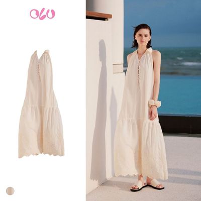 Đầm suông OLV Maxi cổ bẻ phối nút dáng xòe bồng bềnh Cream Plain Loose Maxi Dress phù hợp đi biển