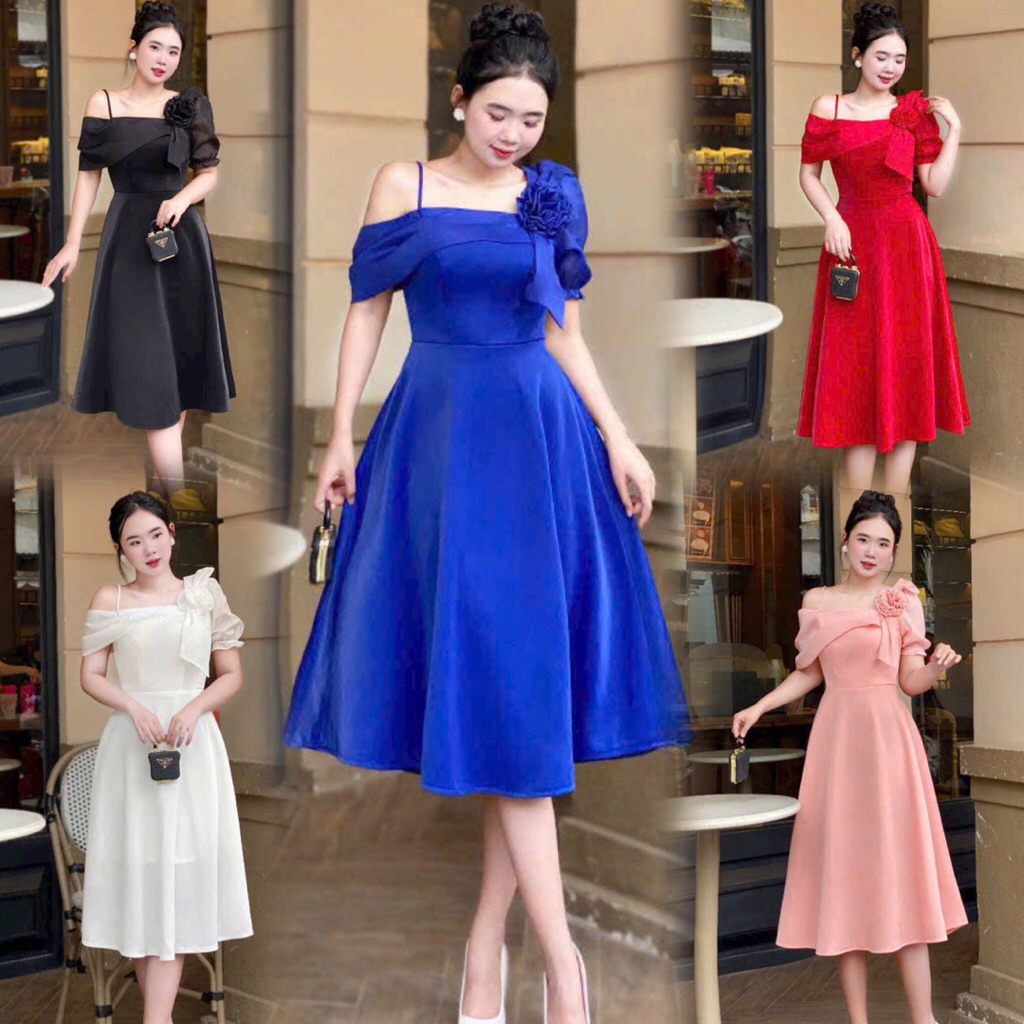 Đầm dạ hội / dự tiệc thiết kế váy xoè 1 dây lệch vai đính hoa