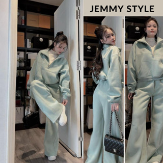 Bộ thể thao nữ, set đồ thu đông nữ áo sweater khóa cổ có túi phối quần dáng suông ống rộng Jemmy Style HCOM3632