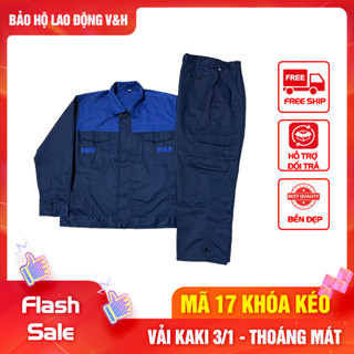 Quần áo bảo hộ lao động mã 17 khóa kéo vải kaki 3/1 phối màu dày dặn, bền bỉ, thoáng mát khi sử dụng