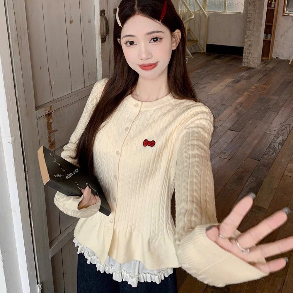 Áo len vặn thừng 𝒀𝑼𝑴𝑴𝒀 dáng ôm, Áo len cardigan viền xoè thêu logo kitty đỏ phong cách Hàn Quốc_AL28 | BigBuy360 - bigbuy360.vn