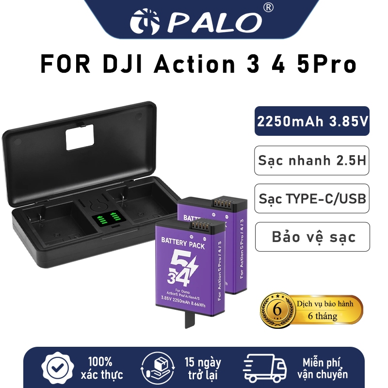 PALO Pin DJI Osmo Action 5Pro 4 3 2250mAh Hộp Sạc Pin Cho Action 5Pro 4 3