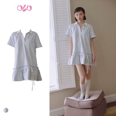 Đầm OLV suông rộng sơ mi trẻ trung Light Blue Striped Linen Polo Babydoll phù hợp đi chơi đi làm