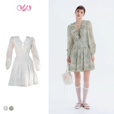 Đầm OLV kiểu voan hoa tay dài cổ V dáng xòe Ebrel thanh lịch nữ tính