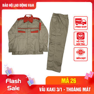Quần áo bảo hộ lao động mã 26 vải kaki 3/1 phối màu dày dặn, bền bỉ, thoáng mát khi sử dụng