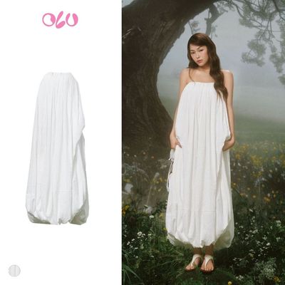 Đầm bí OLV suông Maxi dáng rộng bồng bềnh White Pleated Peplum Cup Midi Dress thanh lịch