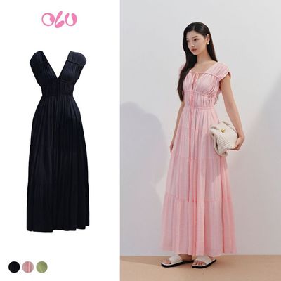 Đầm OLV kiểu tơ maxi xếp ly buộc nơ chiết eo Rue phù hợp đi biển du lịch