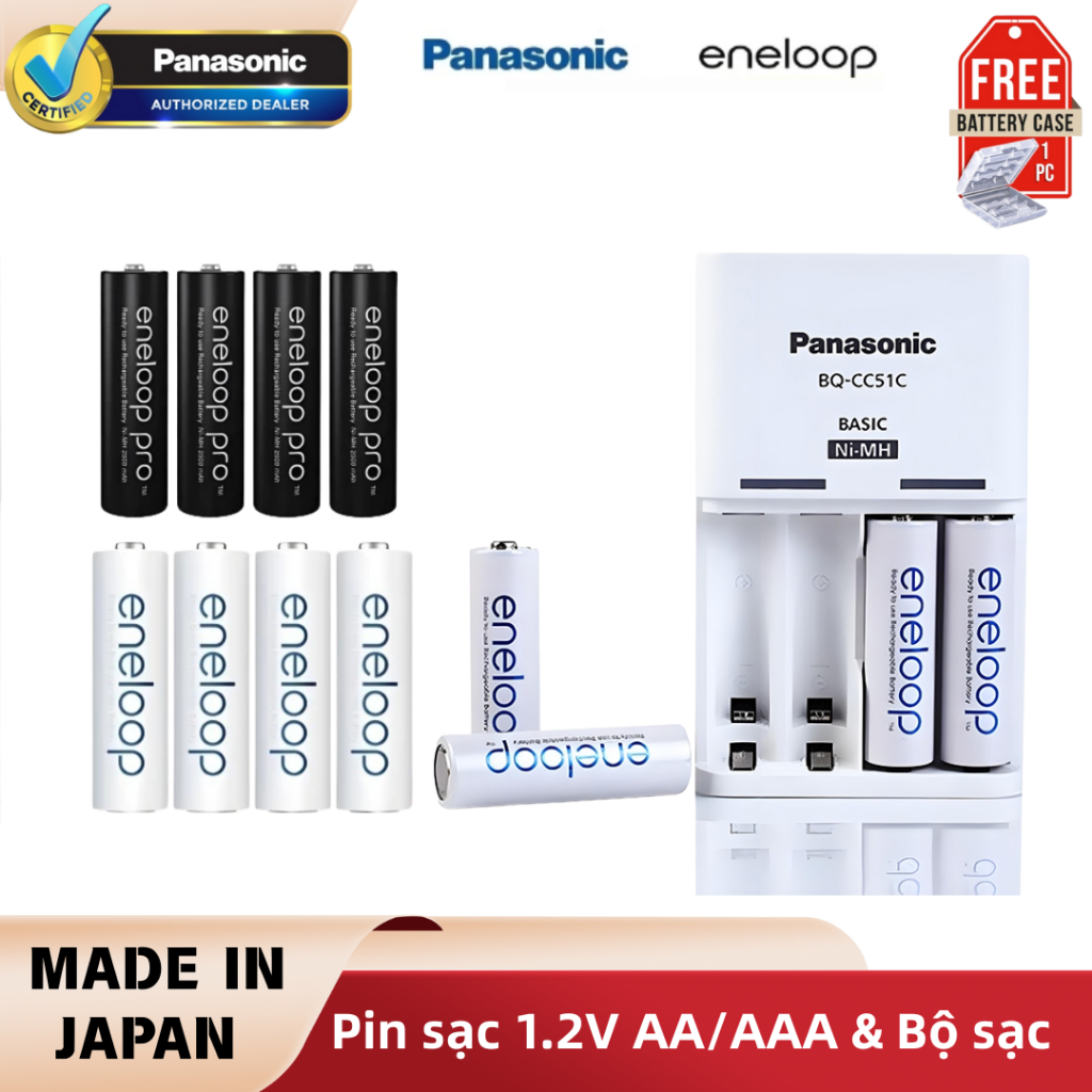 Chất lượng cao Panasonic Pin Sạc  eneloop Pro 1.2V AA/AAA NiMH 2550mAh/900mAh 4/8 viên Kèm bộ sạc BQ-CC51