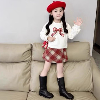 Set nỉ bé gái, set váy thu đông cho bé, đồ bộ bé gái, áo nơ mix cv dạ kẻ đi chơi Noel, Tết, đi học 8-20kg Đậu Kids