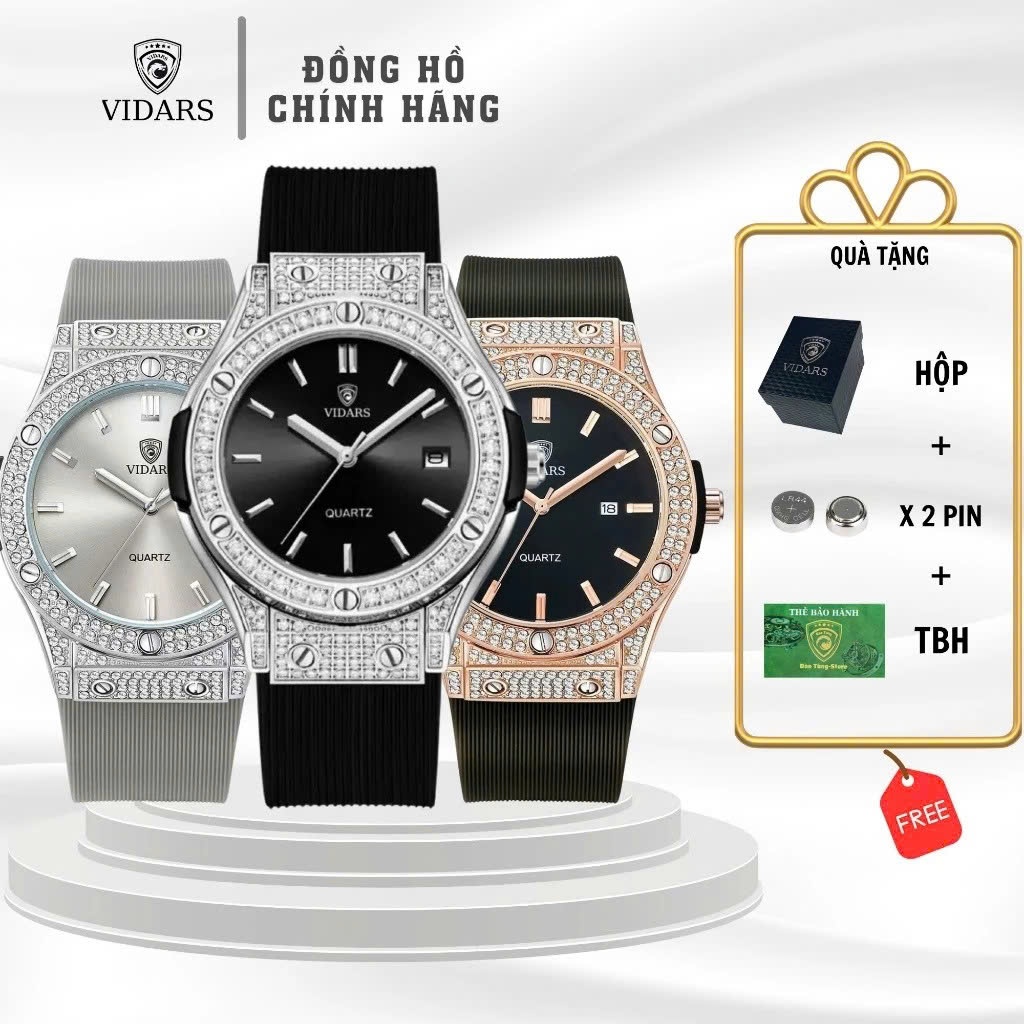 Đồng Hồ Nam VIDARS Size 43mm Viền Đá Khung Đá  Dây Silicone Có Bộ Lịch Ngày Chống Nước 3ATM