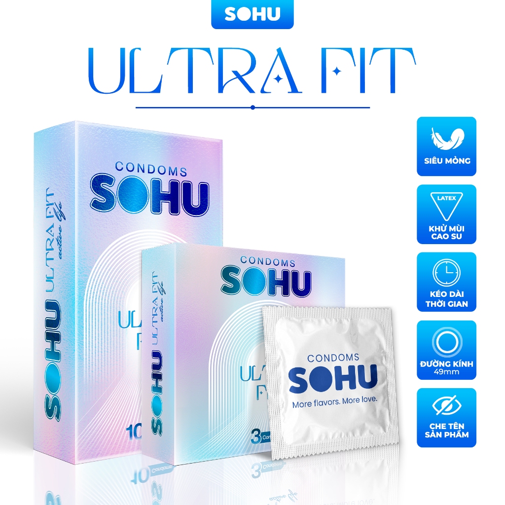 Bao cao su SOHU ULTRA FIT size 49mm mỏng ôm sát, kéo dài thời gian