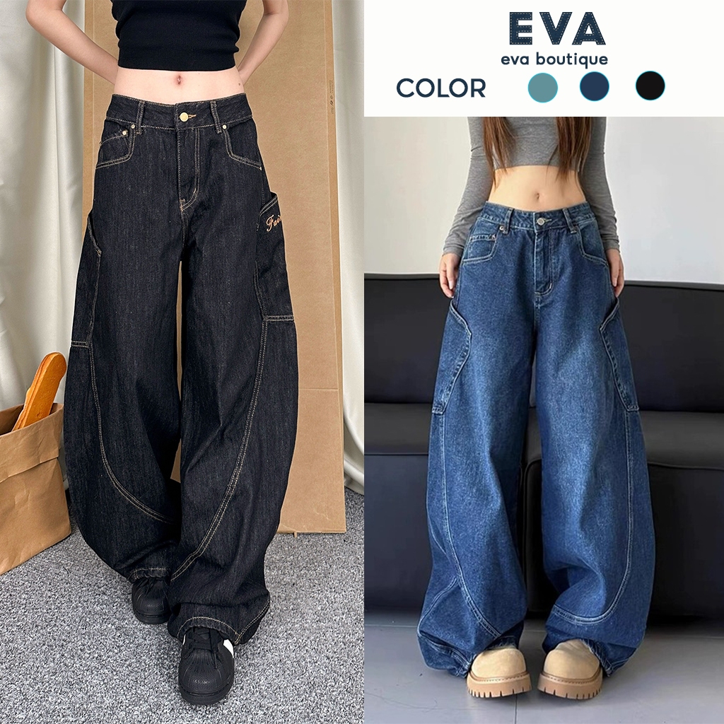 Quần Jeans Nữ Ống Rộng Cong Thiết Kế Túi Sườn Rộng 2 Bên Wash Màu  Retro Style Streetwear Eva Boutiq